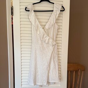 ASOS White Eyelet Wrap Dress – Size 12 – Ruffle Sleeves, Open Back Tie